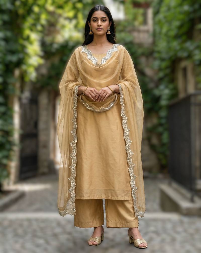 Golden colour orgenza silk fabric thred sequnce embrodery dupatta