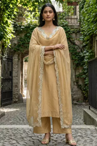 Golden colour orgenza silk fabric thred sequnce embrodery dupatta
