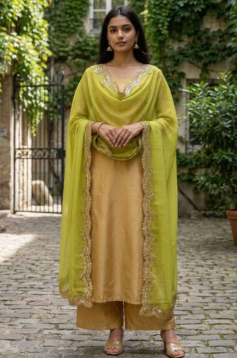 Parrot colour orgenza silk fabric thred sequnce embrodery dupatta