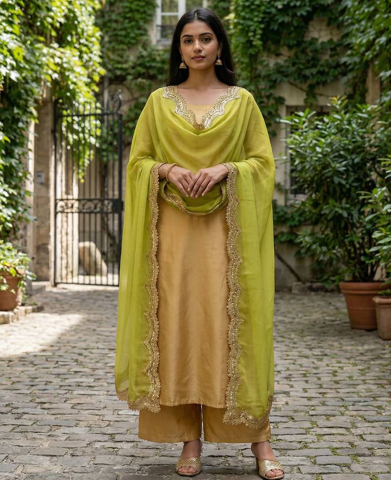 Parrot colour orgenza silk fabric thred sequnce embrodery dupatta