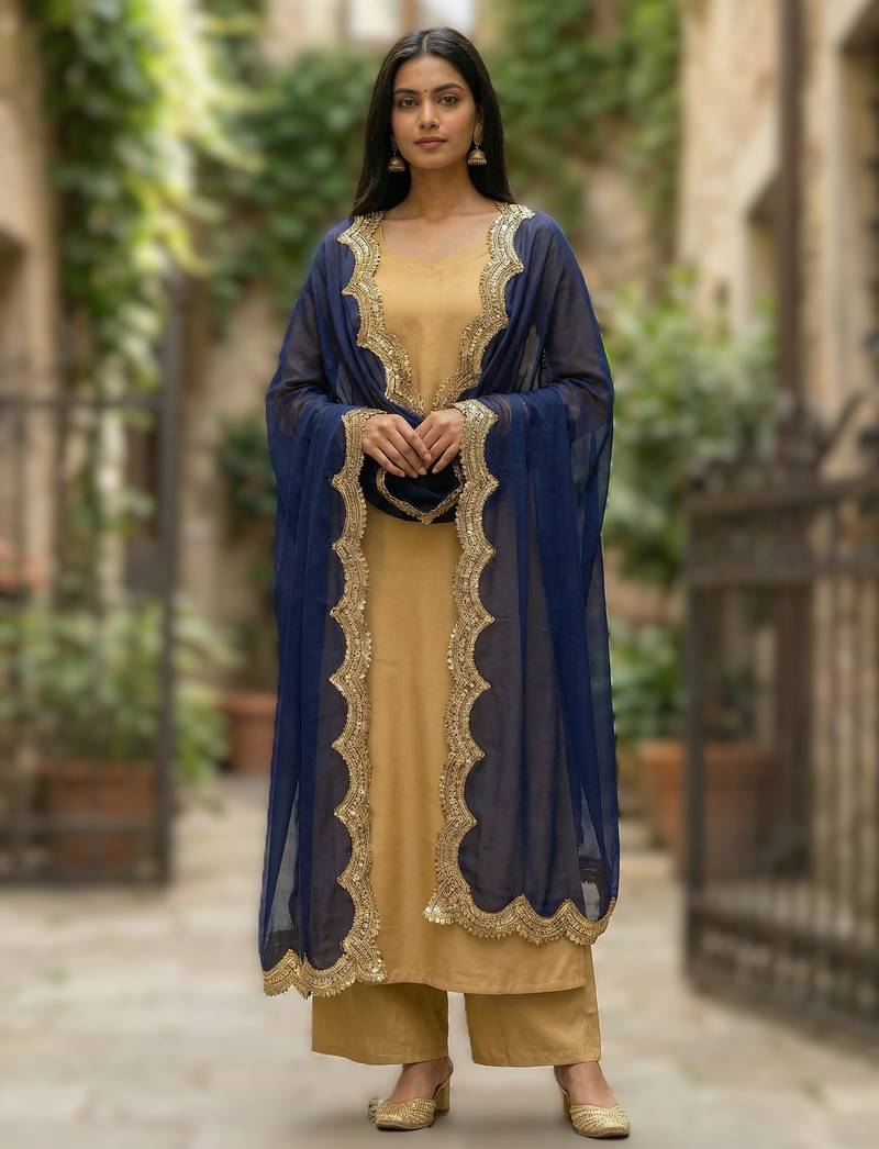 Blue colour orgenza silk fabric thred sequnce embrodery dupatta