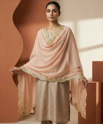 Peach colour orgenza silk fabric thred sequnce embrodery dupatta 1