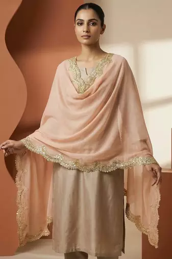 Peach colour orgenza silk fabric thred sequnce embrodery dupatta