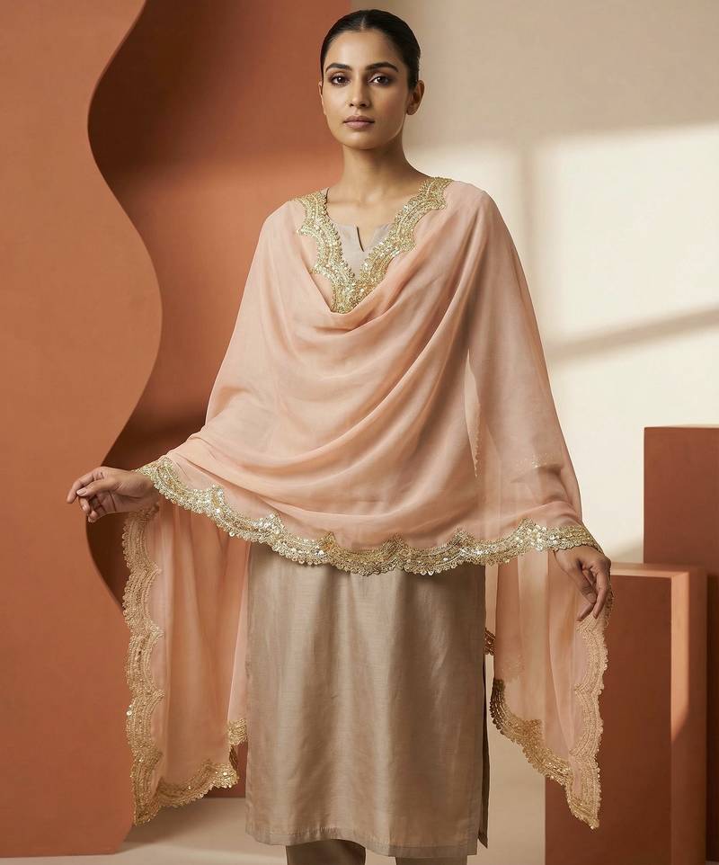 Peach colour orgenza silk fabric thred sequnce embrodery dupatta