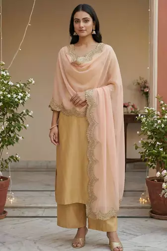 Peach colour orgenza silk fabric thred sequnce embrodery dupatta