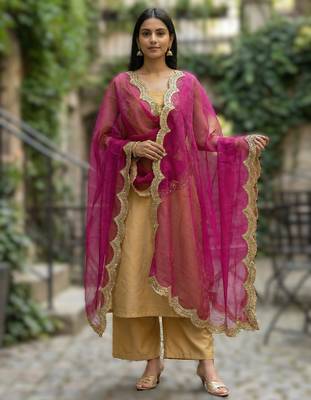 Pink colour orgenza silk fabric thred sequnce embrodery dupatta 1