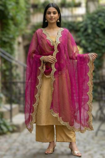 Pink colour orgenza silk fabric thred sequnce embrodery dupatta