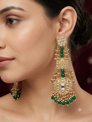 Antique gold kundan polki long jhumka earrings with green beads & pearl drops 1