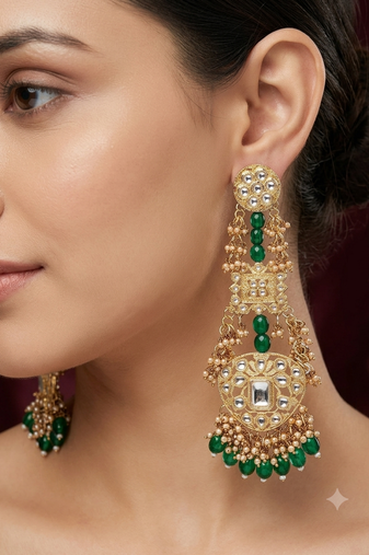 Antique gold kundan polki long jhumka earrings with green beads & pearl drops