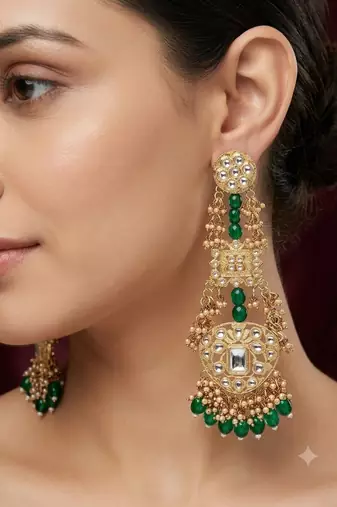 Antique gold kundan polki long jhumka earrings with green beads & pearl drops