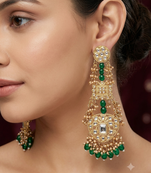 Antique gold kundan polki long jhumka earrings with green beads & pearl drops