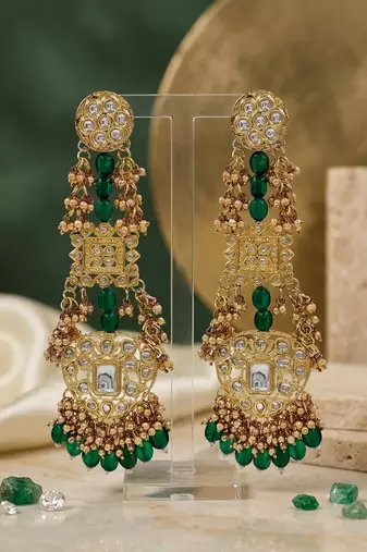 Antique gold kundan polki long jhumka earrings with green beads & pearl drops