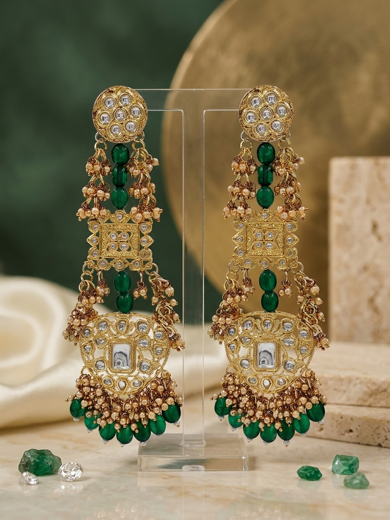 Antique gold kundan polki long jhumka earrings with green beads & pearl drops