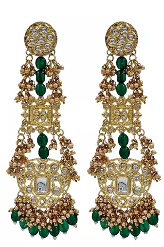 Antique gold kundan polki long jhumka earrings with green beads & pearl drops
