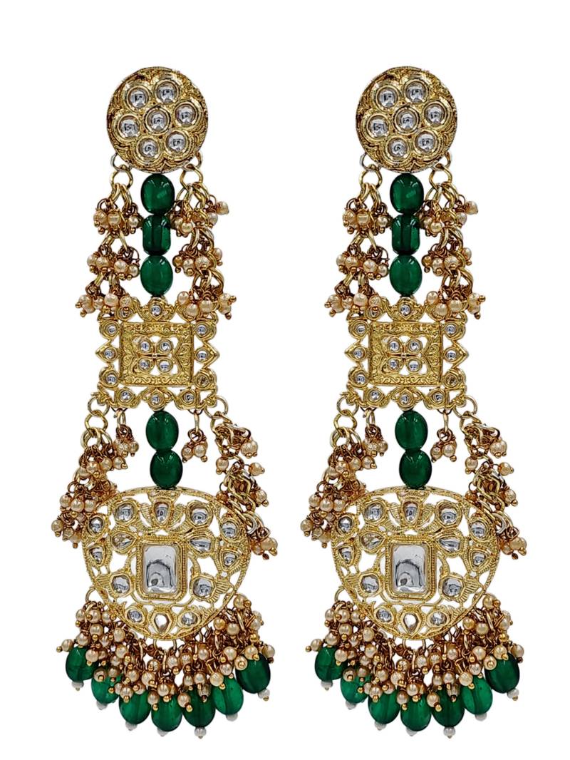 Antique gold kundan polki long jhumka earrings with green beads & pearl drops