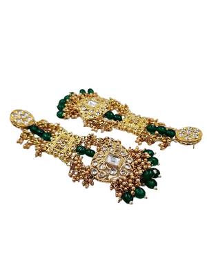 Antique gold kundan polki long jhumka earrings with green beads & pearl drops 4