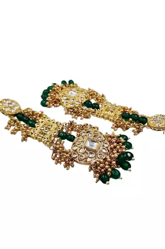 Antique gold kundan polki long jhumka earrings with green beads & pearl drops