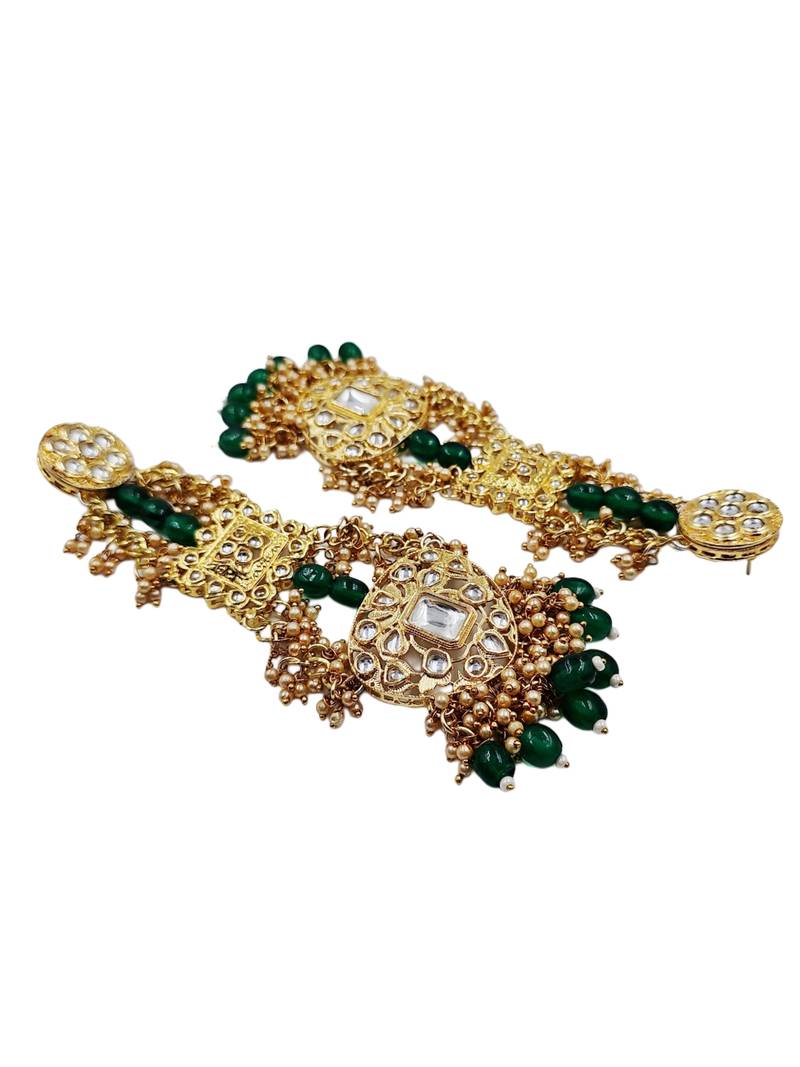Antique gold kundan polki long jhumka earrings with green beads & pearl drops
