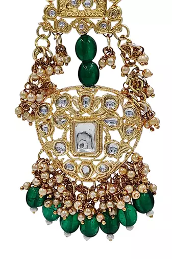 Antique gold kundan polki long jhumka earrings with green beads & pearl drops