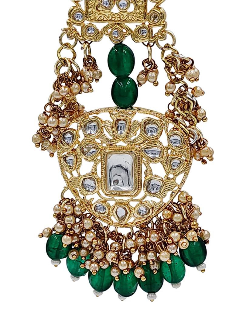 Antique gold kundan polki long jhumka earrings with green beads & pearl drops