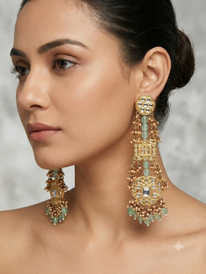 Antique gold kundan polki long jhumka earrings with mint beads & pearl drops 1