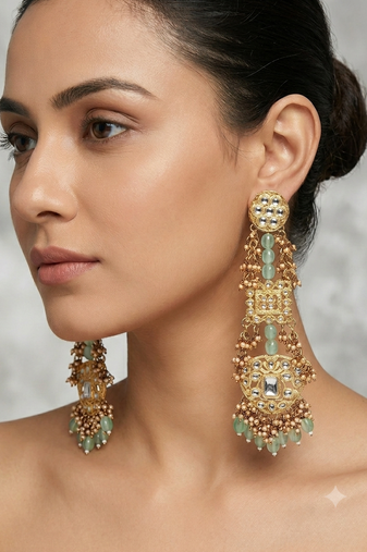 Antique gold kundan polki long jhumka earrings with mint beads & pearl drops