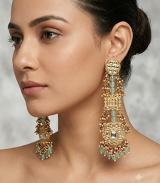 Antique gold kundan polki long jhumka earrings with mint beads & pearl drops