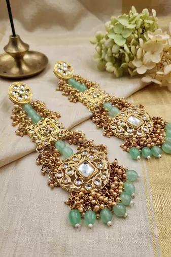 Antique gold kundan polki long jhumka earrings with mint beads & pearl drops