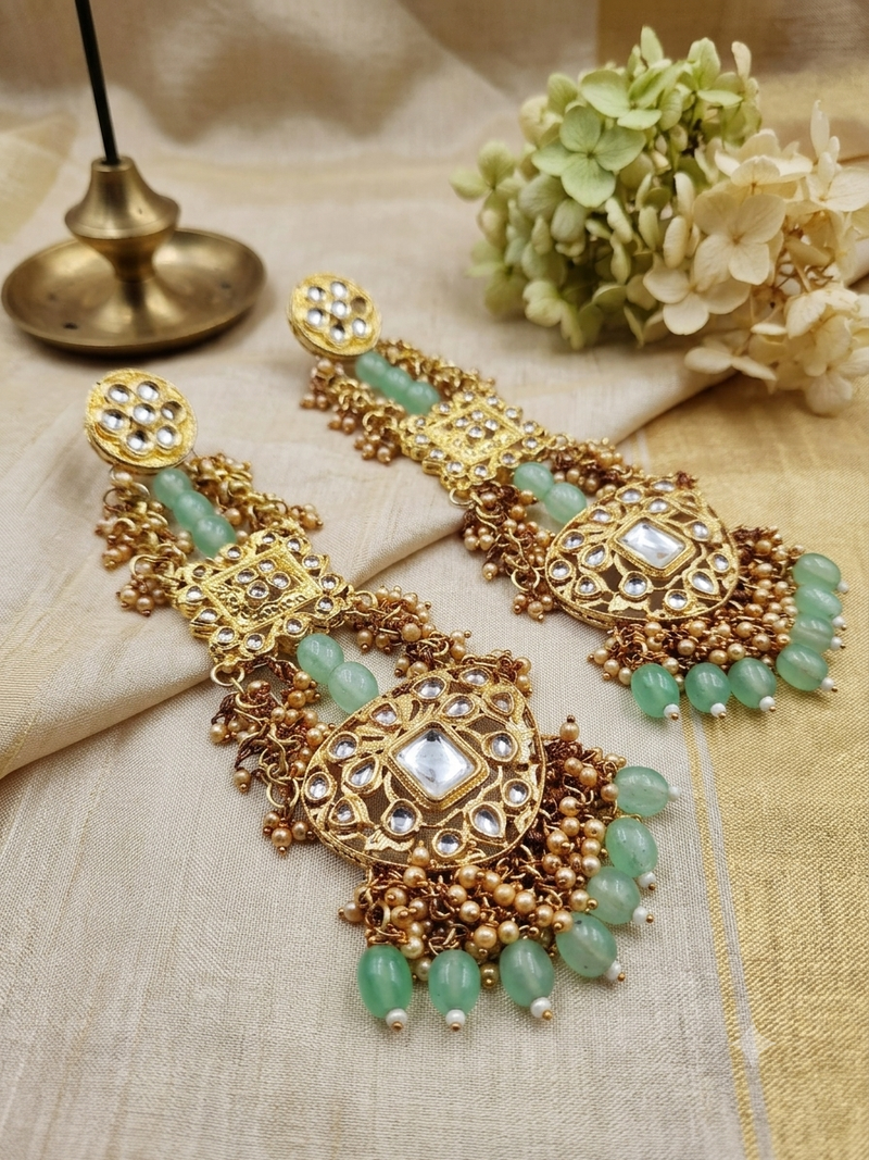 Antique gold kundan polki long jhumka earrings with mint beads & pearl drops
