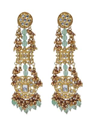 Antique gold kundan polki long jhumka earrings with mint beads & pearl drops 3