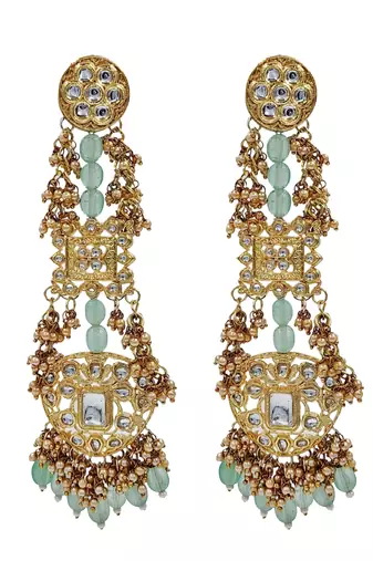 Antique gold kundan polki long jhumka earrings with mint beads & pearl drops