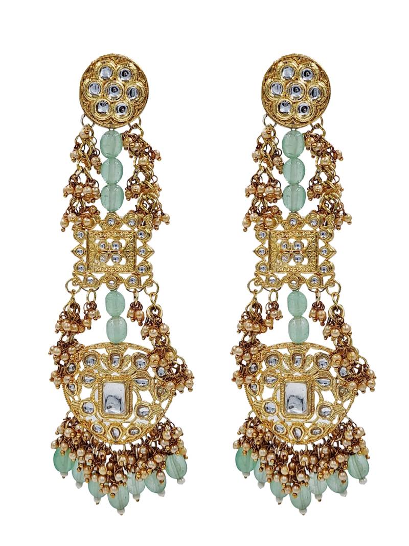 Antique gold kundan polki long jhumka earrings with mint beads & pearl drops