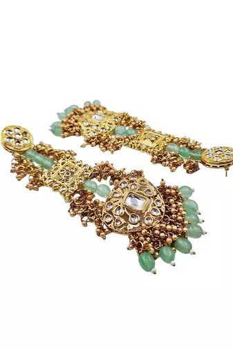 Antique gold kundan polki long jhumka earrings with mint beads & pearl drops