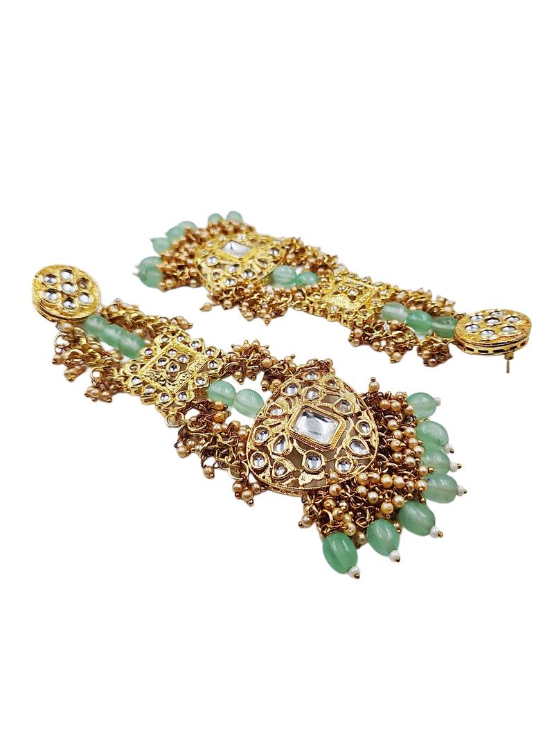 Antique gold kundan polki long jhumka earrings with mint beads & pearl drops