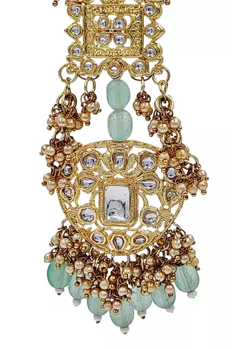 Antique gold kundan polki long jhumka earrings with mint beads & pearl drops