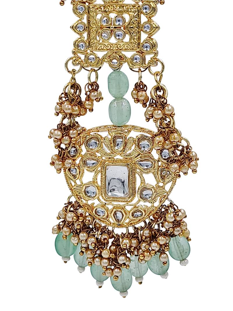Antique gold kundan polki long jhumka earrings with mint beads & pearl drops