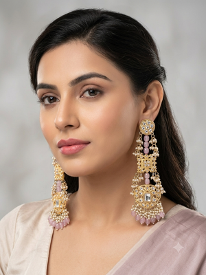 Antique gold kundan polki long jhumka earrings with pink beads & pearl drops 1
