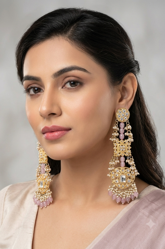 Antique gold kundan polki long jhumka earrings with pink beads & pearl drops