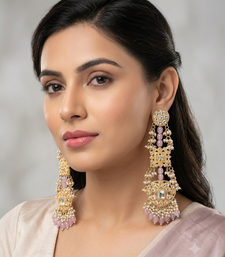 Antique gold kundan polki long jhumka earrings with pink beads & pearl drops