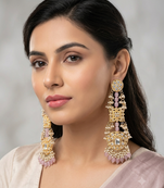 Antique gold kundan polki long jhumka earrings with pink beads & pearl drops