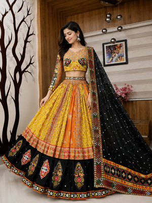 Muslin Cotton Blend Navratri Lehenga Choli with Real Mirror Work 1