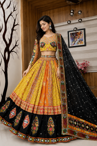 Muslin Cotton Blend Navratri Lehenga Choli with Real Mirror Work