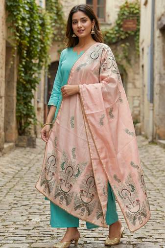Printed orgenza silk multi sequnce lace work dupatta