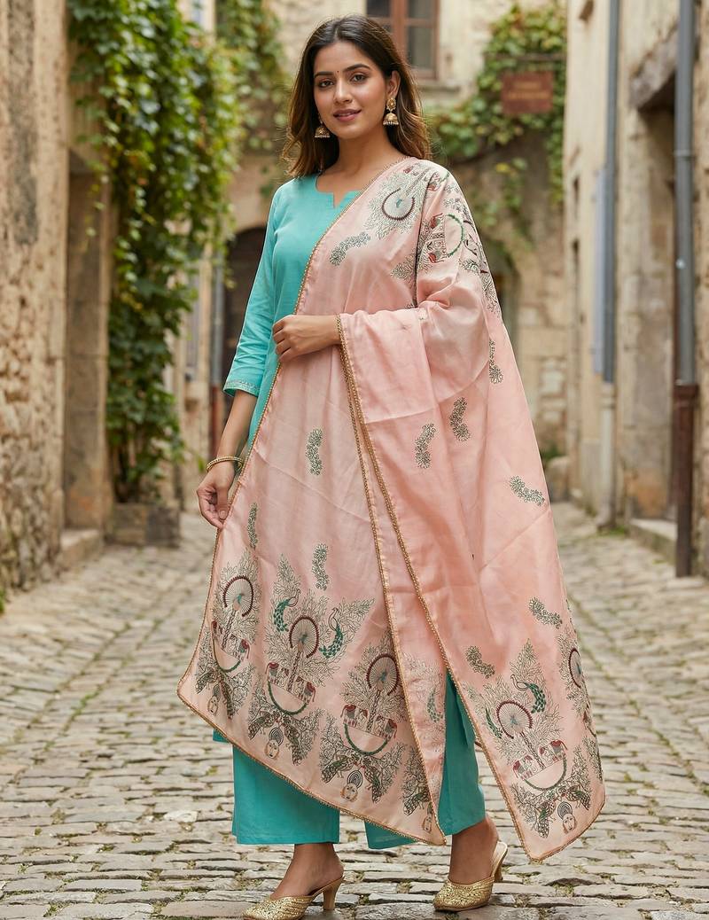 Printed orgenza silk multi sequnce lace work dupatta