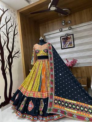 Muslin Cotton Blend Navratri Lehenga Choli with Real Mirror Work 2