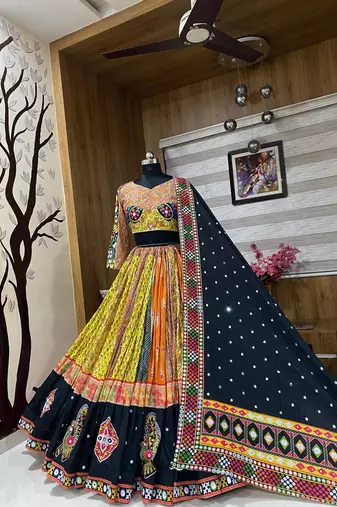 Muslin Cotton Blend Navratri Lehenga Choli with Real Mirror Work