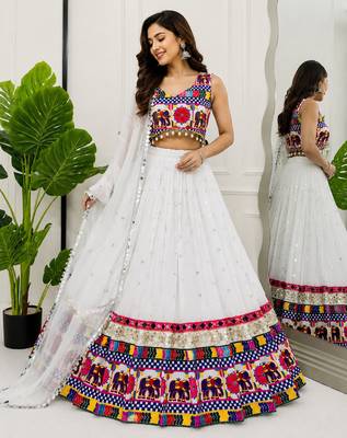 White Navratri Georgette Lehenga Choli with Real Mirror Work 1