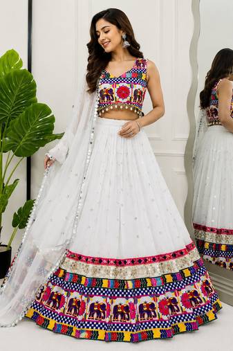 White Navratri Georgette Lehenga Choli with Real Mirror Work