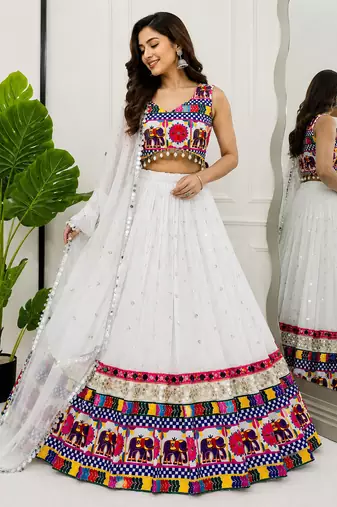 White Navratri Georgette Lehenga Choli with Real Mirror Work