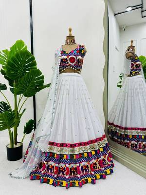 White Navratri Georgette Lehenga Choli with Real Mirror Work 2